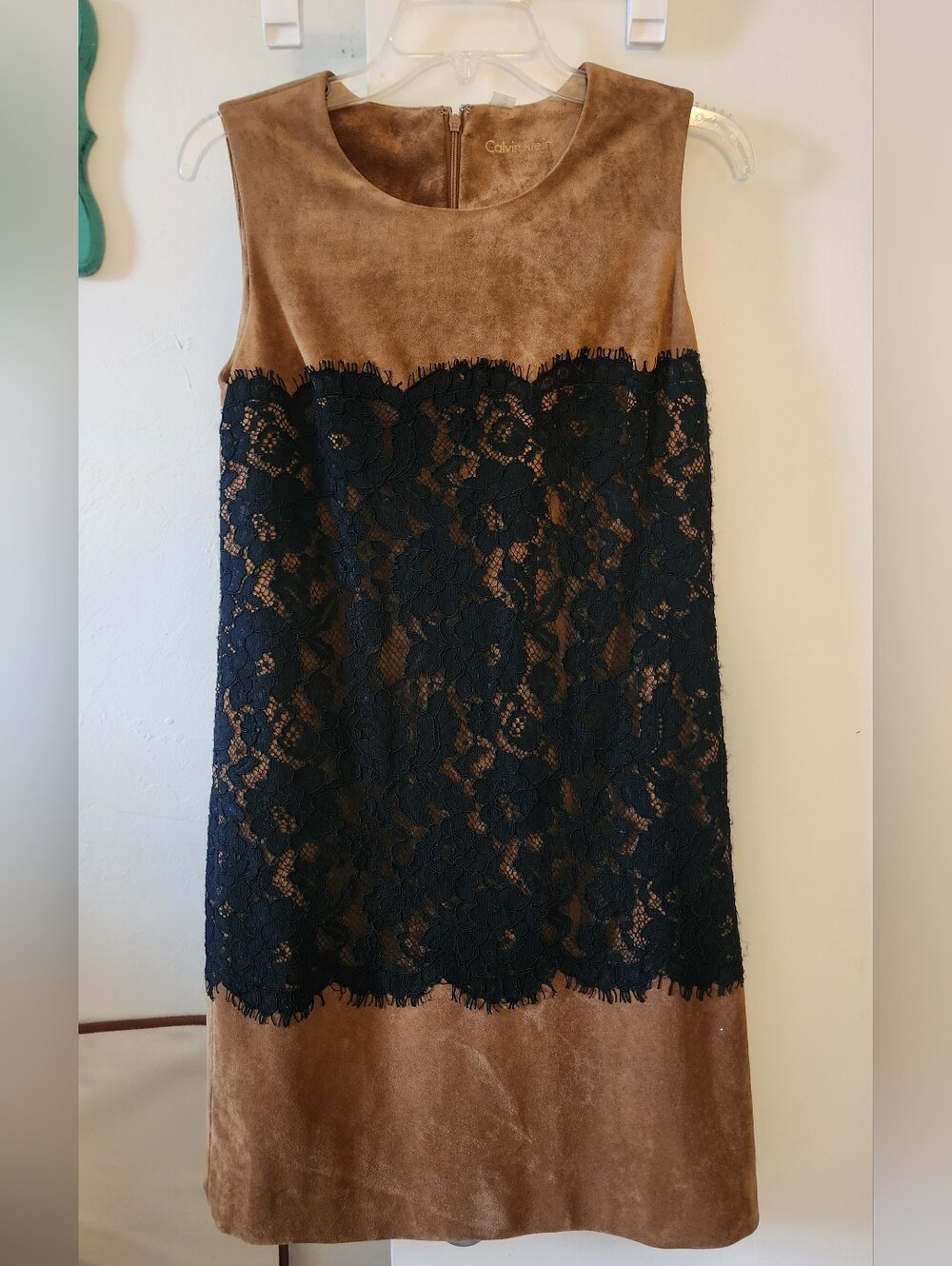 Calvin Klein Brown Suede & Black Lace Pencil Dress